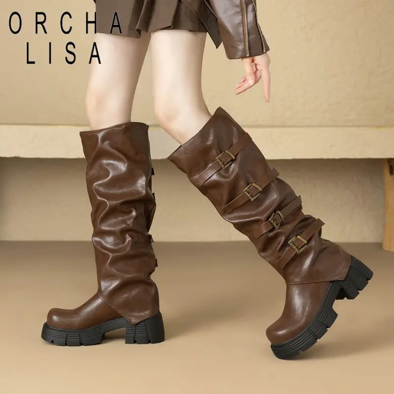 

ORCHA LISA Горячие готические женские сапоги до колена с круглым носком, толстый каблук 6 см, платформа без шнуровки, пряжки на ремне, большой размер 40, зима
