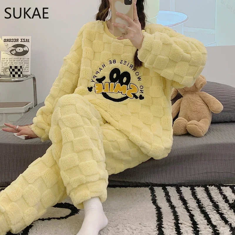 SUKAE HQ Chinese Thick Velvet Winter Women Thermal Pajamas Set Long Sleeves Pijamas Pink Bear Preppy Sleepwear Korean Pyjamas