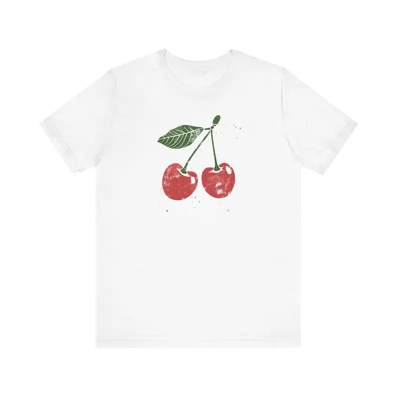 Women Vintage Cherry Tee Fruit T Shirt Summer Classics Foodie Casual Style O-neck Tops Lovely Breathable Cotton Shirt Loungewear