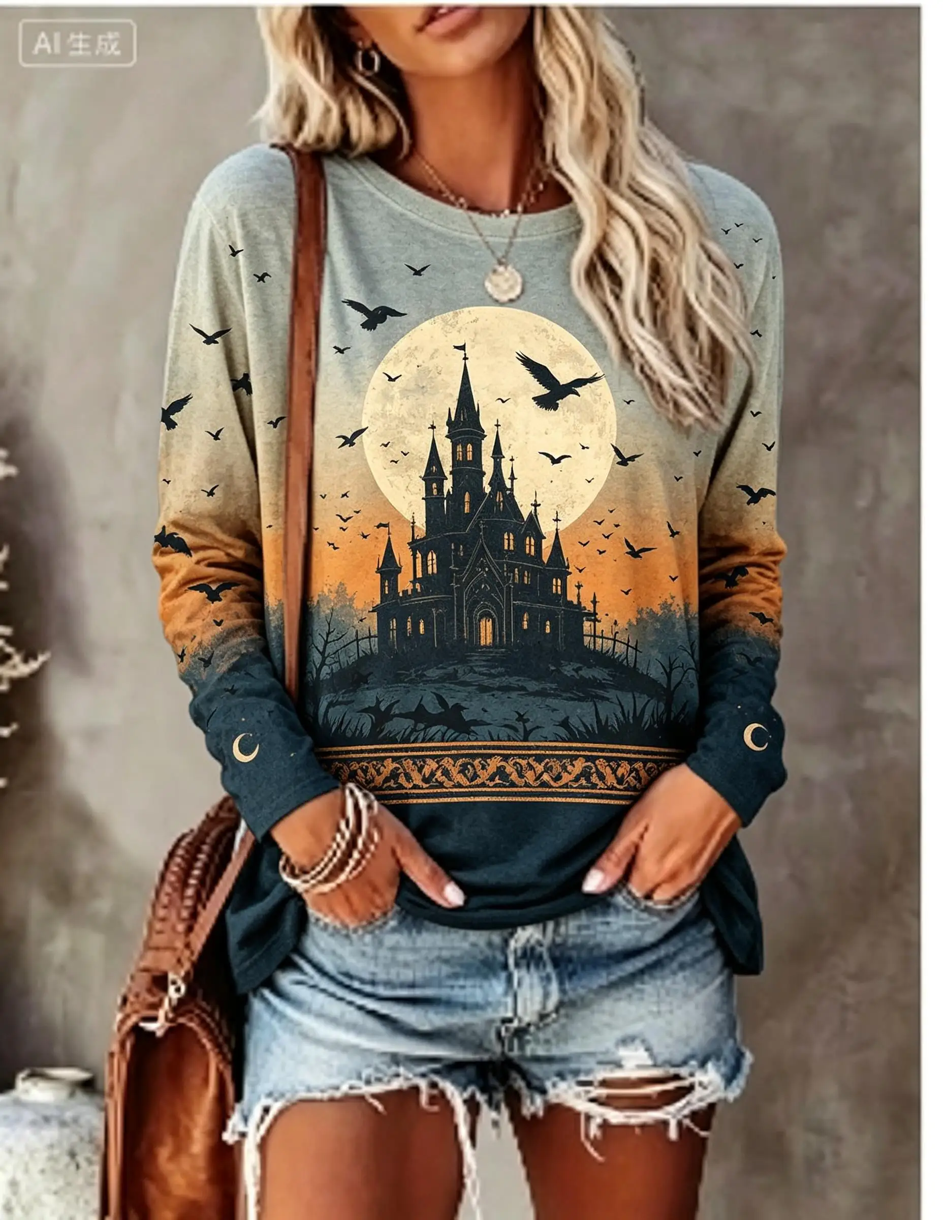 Women Day of the Dead Long Sleeve T‑Shirt Sugar Skull Rose Gradient Print Crew Neck Casual Tops