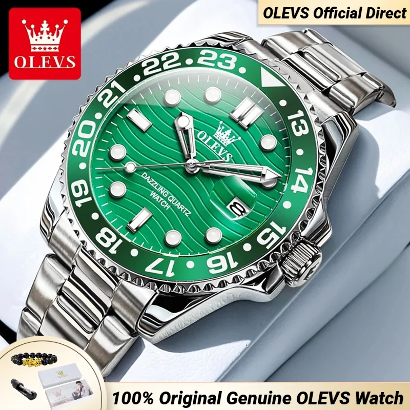 OLEVS 3610 Men Watch Fashion Business Waterproof Luminous Stainless Steel Calendar Sports Watch  Luxury Brand Green Quartz Watch