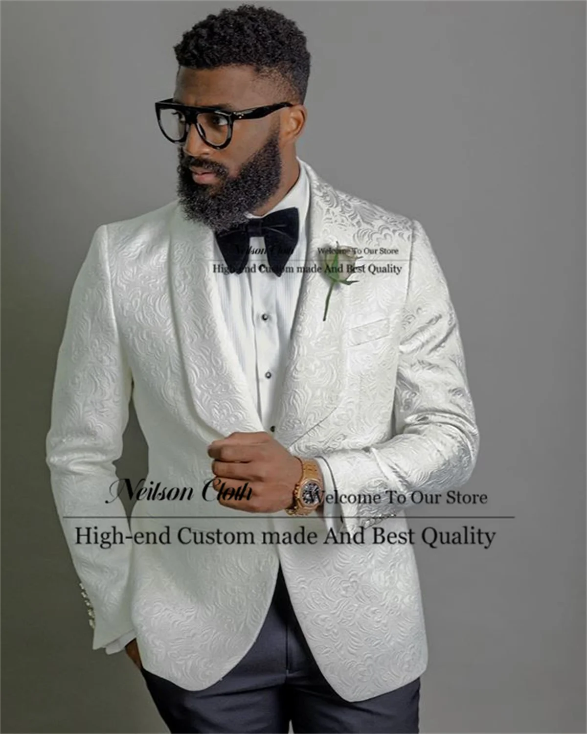 

Formal White Jacquard Male Prom Blazers 2 Pcs Sets Slim Fit Groom Wedding Tuxedos Shawl Lapel Customized Terno Masculino