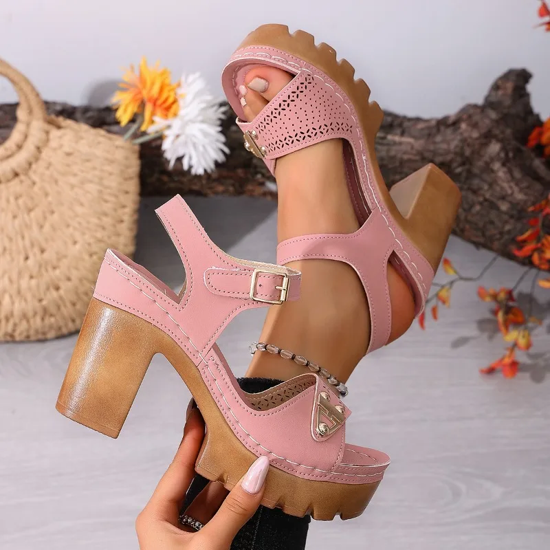 Summer Women's Chunky Heel Sandals Adjustable Buckle Strap High Heels Shoes Solid Color One Line Fashion Sandals Large Size43