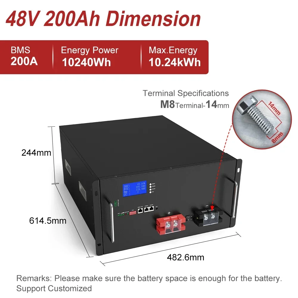 YABO Lithium Iron Phosphate Battery Solar Systems Power Supply 51.2V 100Ah 150Ah 280Ah BMS LiFePO4 Lithium Battery 48V 200Ah