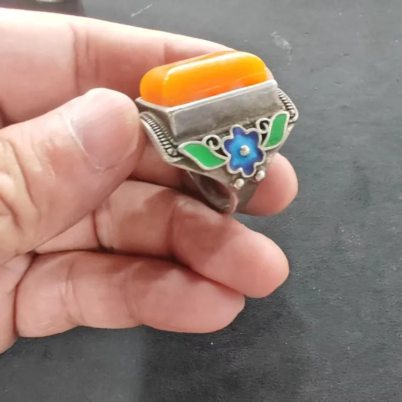 Unisex Vintage Orange Cabochon Ring Colorful Enamel Flower Leaf Inlay Metal Boho Antique Statement Finger Decor Ornament
