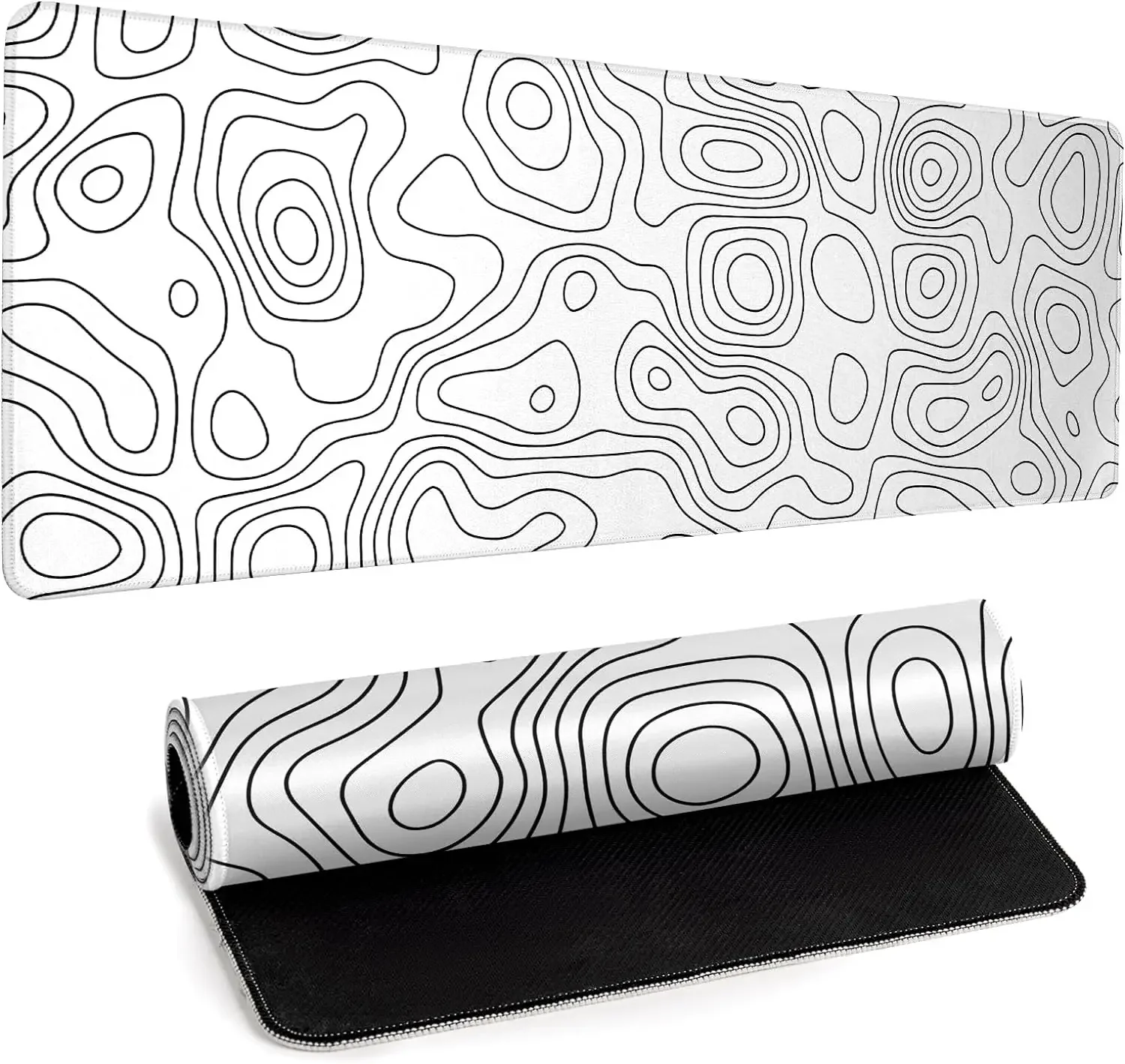 White Gaming Mouse Pad Topography Contour Large Mouse Pad Laptop Deskmat Keyboard Mat Stitched Edge Non-Slip Rubber Big Desk Pad