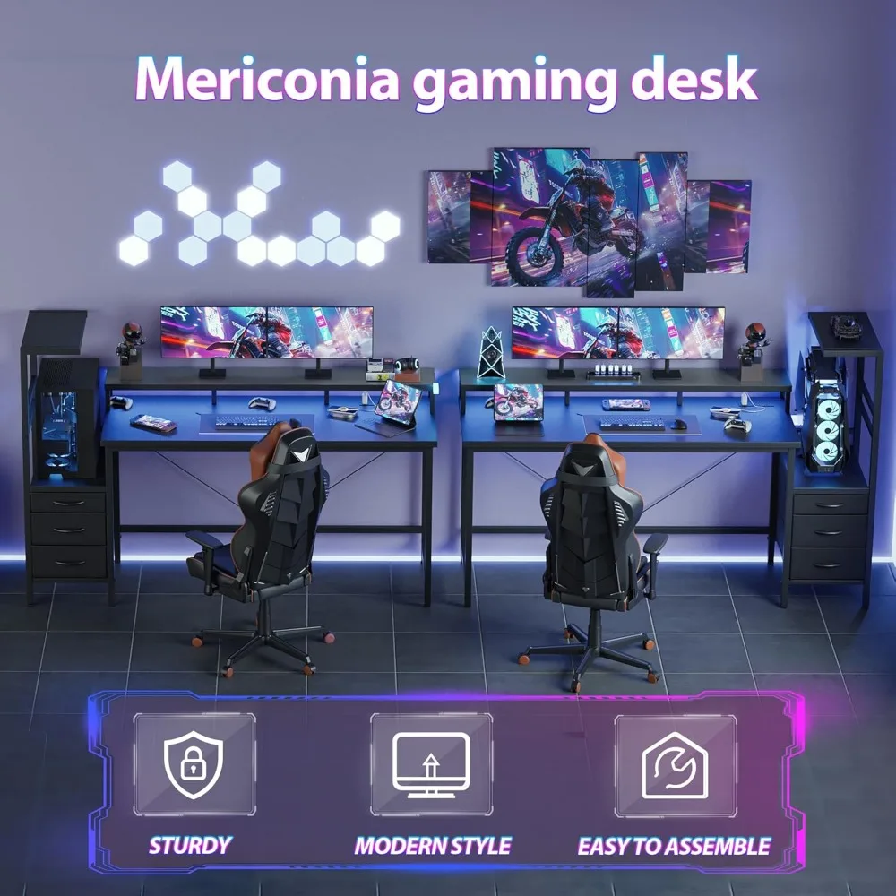 LED-Illuminated Gaming Desk with Power Outlets, Reversible PC Case Stand, Fabric Drawers, Modern Office Desk with Ergonomic Desi