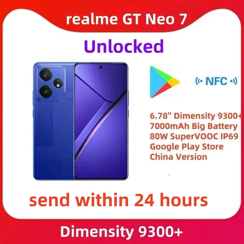 Original Realme GT Neo7 Dimensity 9300+ 5G 6.78 Inches 120HZ 80W SuperVooc 7000mah NFC 50Mp OTA Google Play IP69 Realme ui 6.0