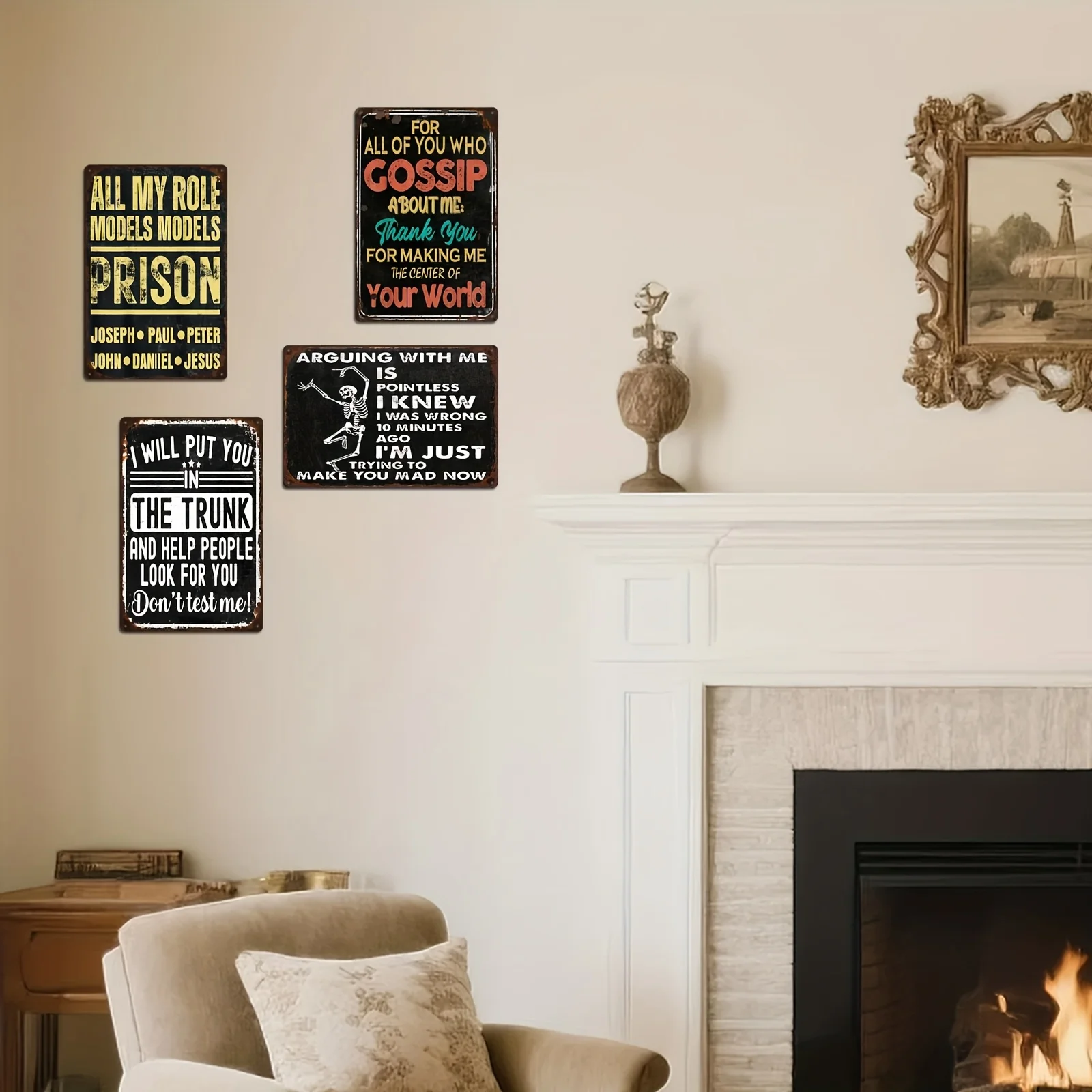 4pcs Vintage Edgy Humor Tin Sign Set -  Metal Retro Wall Art For Man Cave, Home Bar, Living Room - Funny Conversation