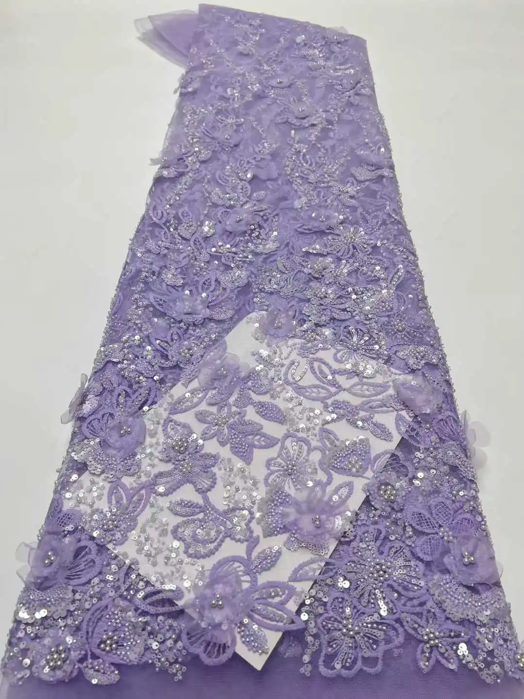 

Purple 3D Flower Beaded Lace Fabric Africa Lace Wedding Dress 2026 Nigerian 3D Flower Lace Fabric for Sewing