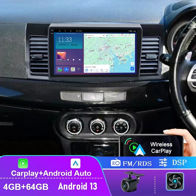 

10'' 4+64GB For Mitsubishi Lancer 2007-2017 Car Radio Wireless Carplay Android 15 Auto Head Unit FM BT GPS Navi Canbus