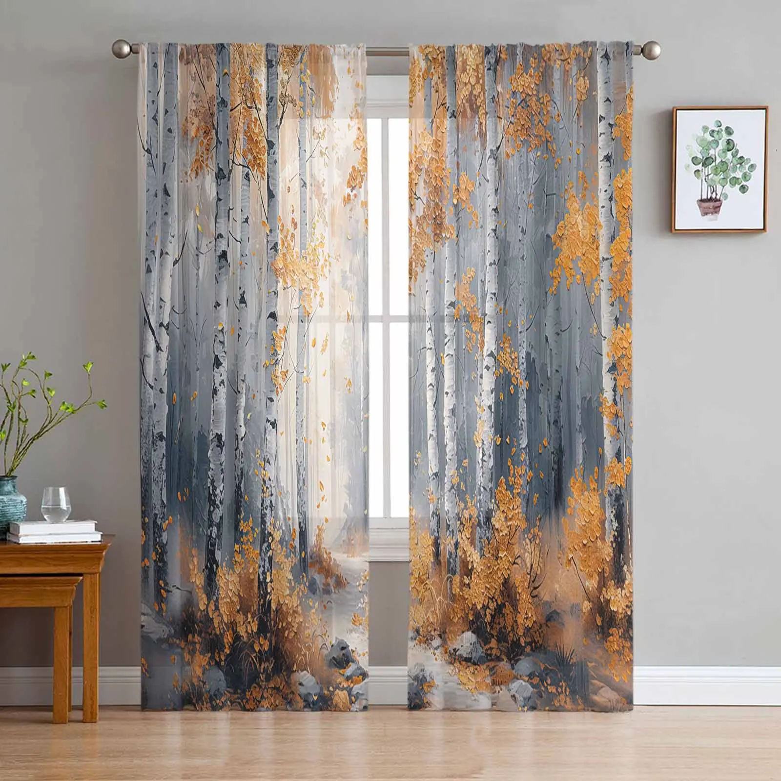 

Oil Painting Woods Plants Window Tulle Curtains for Living Room Kitchen Modern Window Treatments Voile Curtains