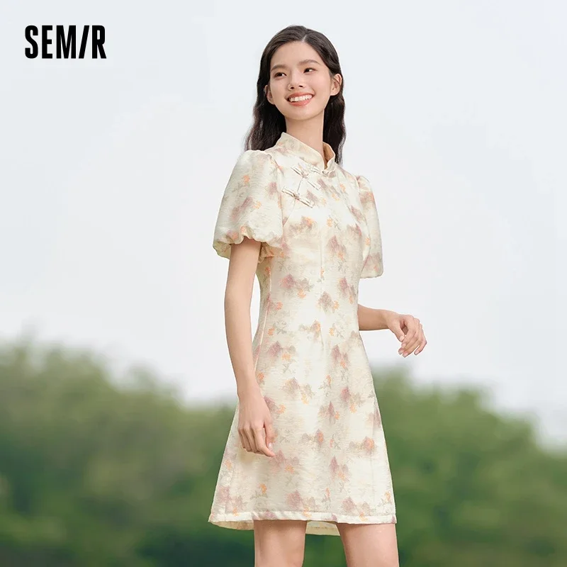 

Semir Dress Women Ink Painting Print Dress Bubble Sleeves Buttoned 2024 Summer New Cheongsam Dress