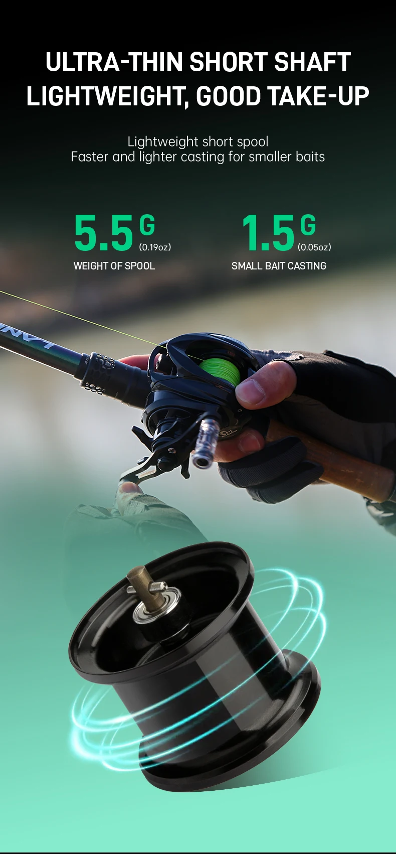 Baitcasting-Angelrolle Leichtgewichtiger Kohlefaser-Rahmen 7,0:1 Übersetzungsverhältnis 4kg Bremskraft Flache Spule Kleinfisch-Angeln VENOM – Detail 2