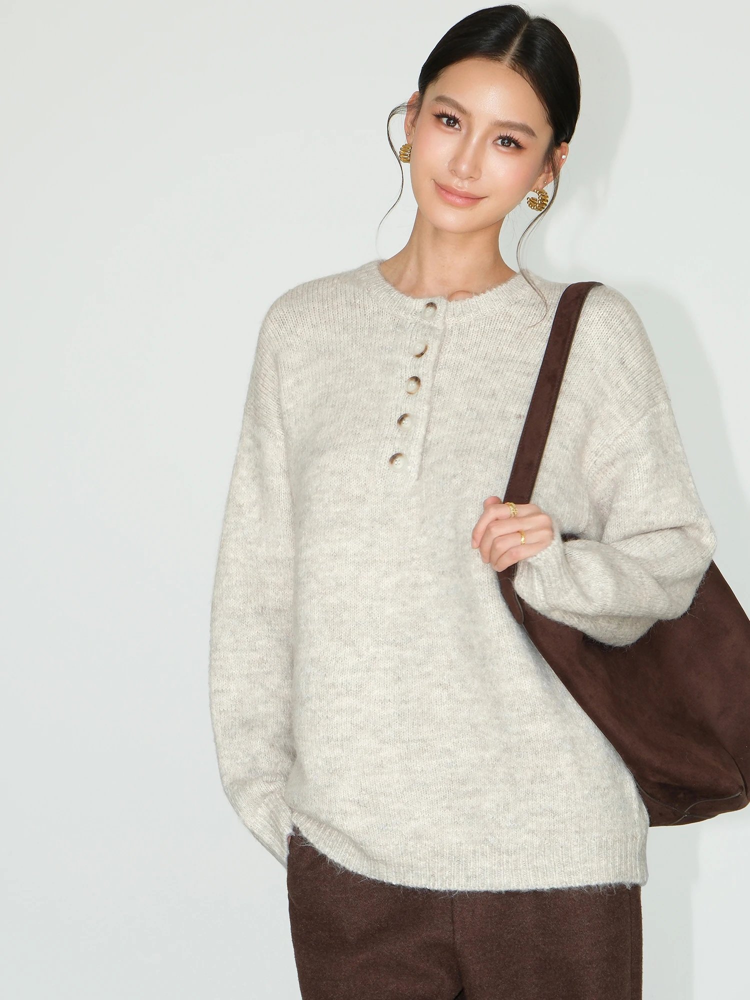 

NEVA HU Faionable High-End Feel Loose Knitted Sweater Women's Lazy Sle Soft Cozy Overhead Pullover Long Sve round Ne