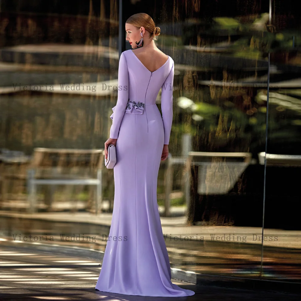 Customized Elegant Lilac Mother of the Bride Dresses V Neck Long Sleeves Wedding Party Gowns Appliques Mermaid فساتين السهرة