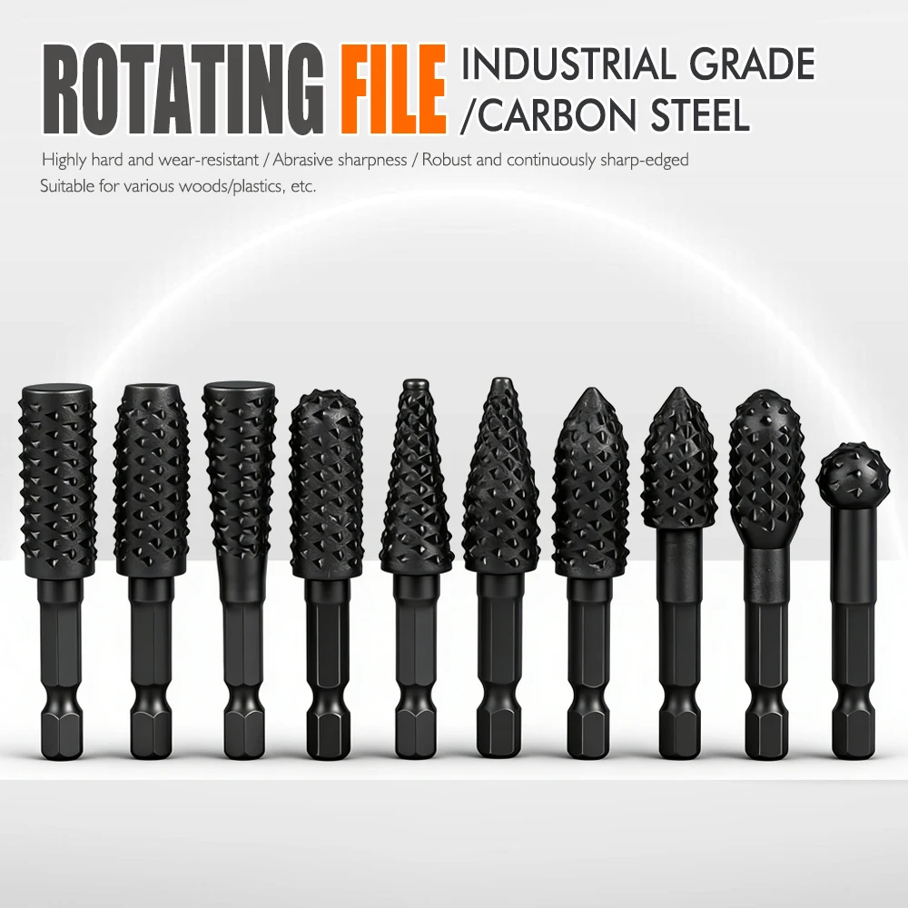 

10Pcs Rotary Burr Rasp Set Wood Carving File Rasp Drill Bits 1/4'' Hex Shank Rotary Rasp File Set Fit for DIY Woodworking Wood
