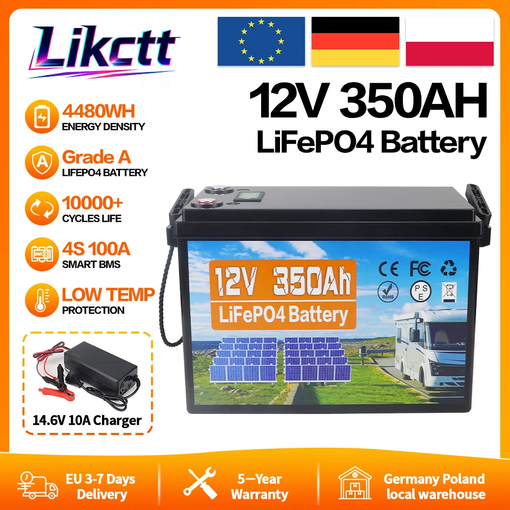 12V 350AH LiFePO4 Batterij met ingebouwde 100A BMS voor campers, waterdichte golfkarbatterij, off-road, off-grid zonne-energie, belastingvrij