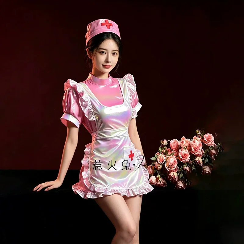 Halloween Role-playing Cosplay Uniform Lolita Pink Nurse Patent Leather Maid Dress Short Sleeve With Ruffled Apron Women