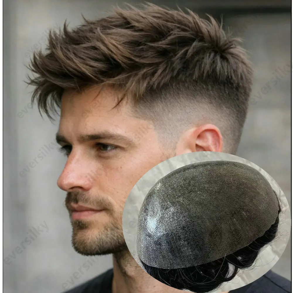 Herren-Toupet Günstigstes Hellbraunes Graues Schwarzes Echthaar-Perückensystem mit Natürlicher Haarlinie Langlebiges Dünnes PU-System Haarprothese – Detail 1