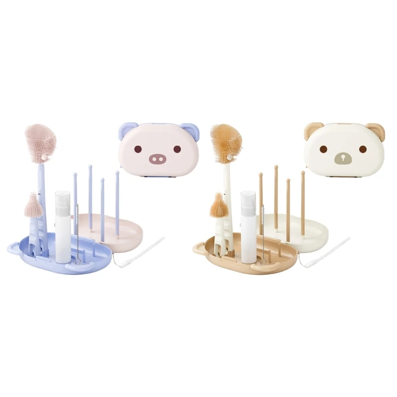 L5YF 6 In 1 Baby Milk Bottle Cleaner Set Including Bottle Brush Pacifier and Straw Brushes with Drying Rack & Storage Box