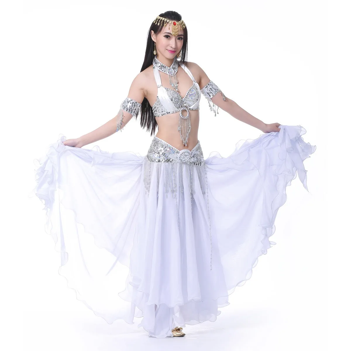 Chiffon Skirt Women Belly Dance Performance Show Costume Sexy Two Side Split Tribal Maxi Full Skirts Swing 2 Ear Stage Clothes