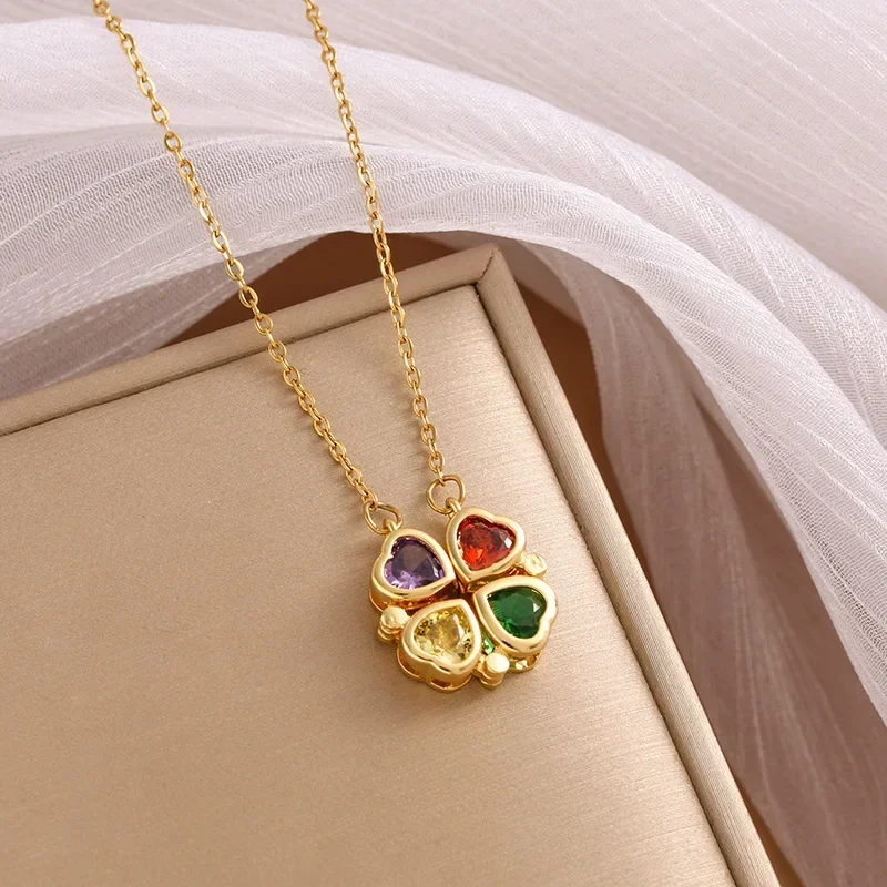 [Copper Inlaid with Zircon] Two Ways To Wear Colorful Crystal Magnetic Four-leaf Clover Pendant Necklace for Women Jewelry Gift