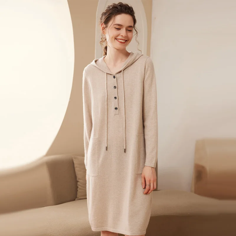 

Women Cashmere Dress Button Hooded Pullover Straight Loose Mid-Long Sweater Autumn Winter Chic 100% Cashmere Knitwear Dress