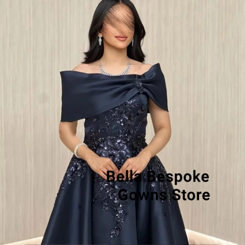 Customized Navy Blue A-line Flower Appliques Satin Evening Dress Draped Off the Shoulder Sleeveless Ankle Length Party Prom Gown