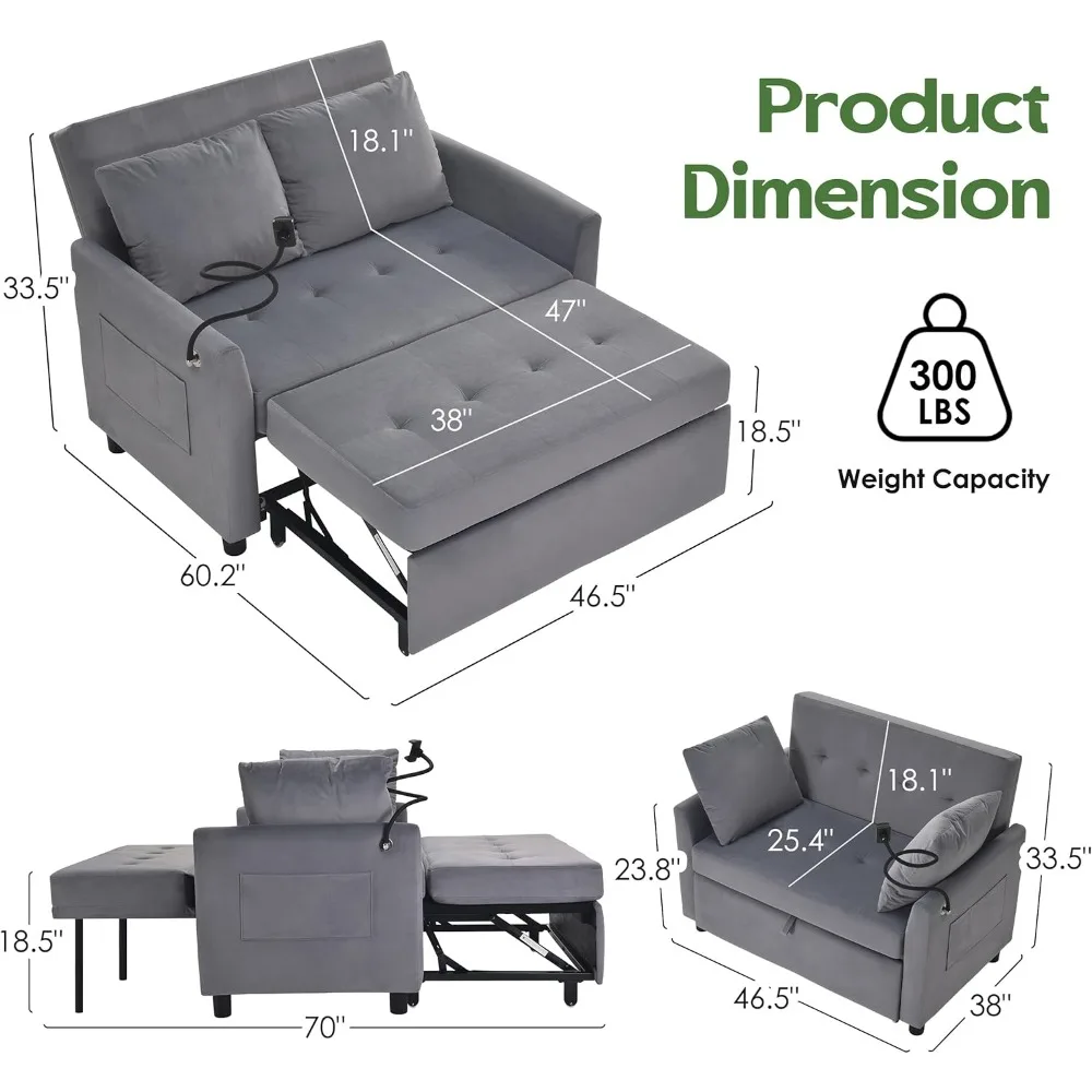 Sleeper Sofa Bed, 3 in 1 Convertible Sleeper Couch Bed Pull Out, Futon Couch Full Size, with Pillow and Phone Holder, Sofa