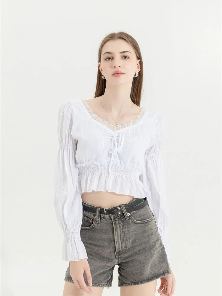 Camisa de manga larga con farol plisado francés para mujer, blusa Vintage blanca con cuello cuadrado, Tops para mujer 2022