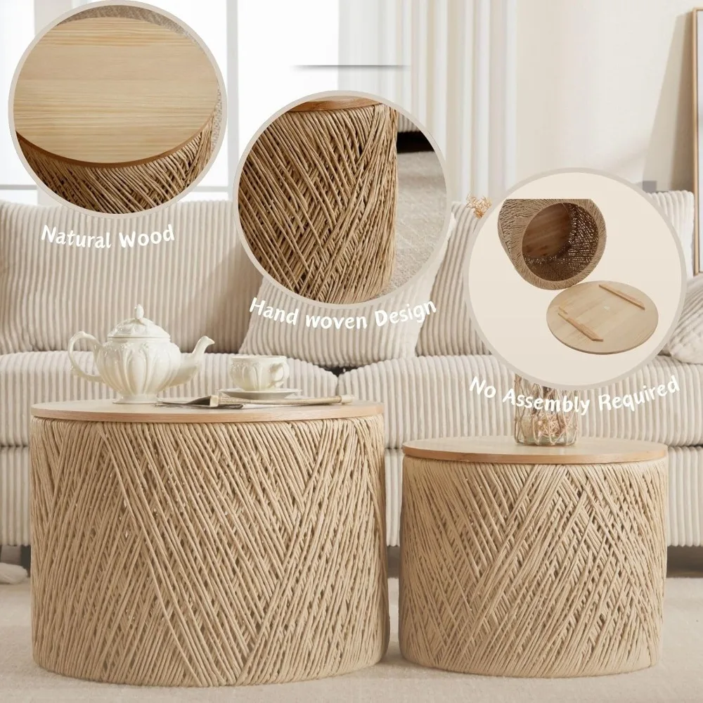 Para naturalnych drewnianych stolików kawowych - rustykalne, plecione stoliki boczne w kształcie koła do małych salonów
