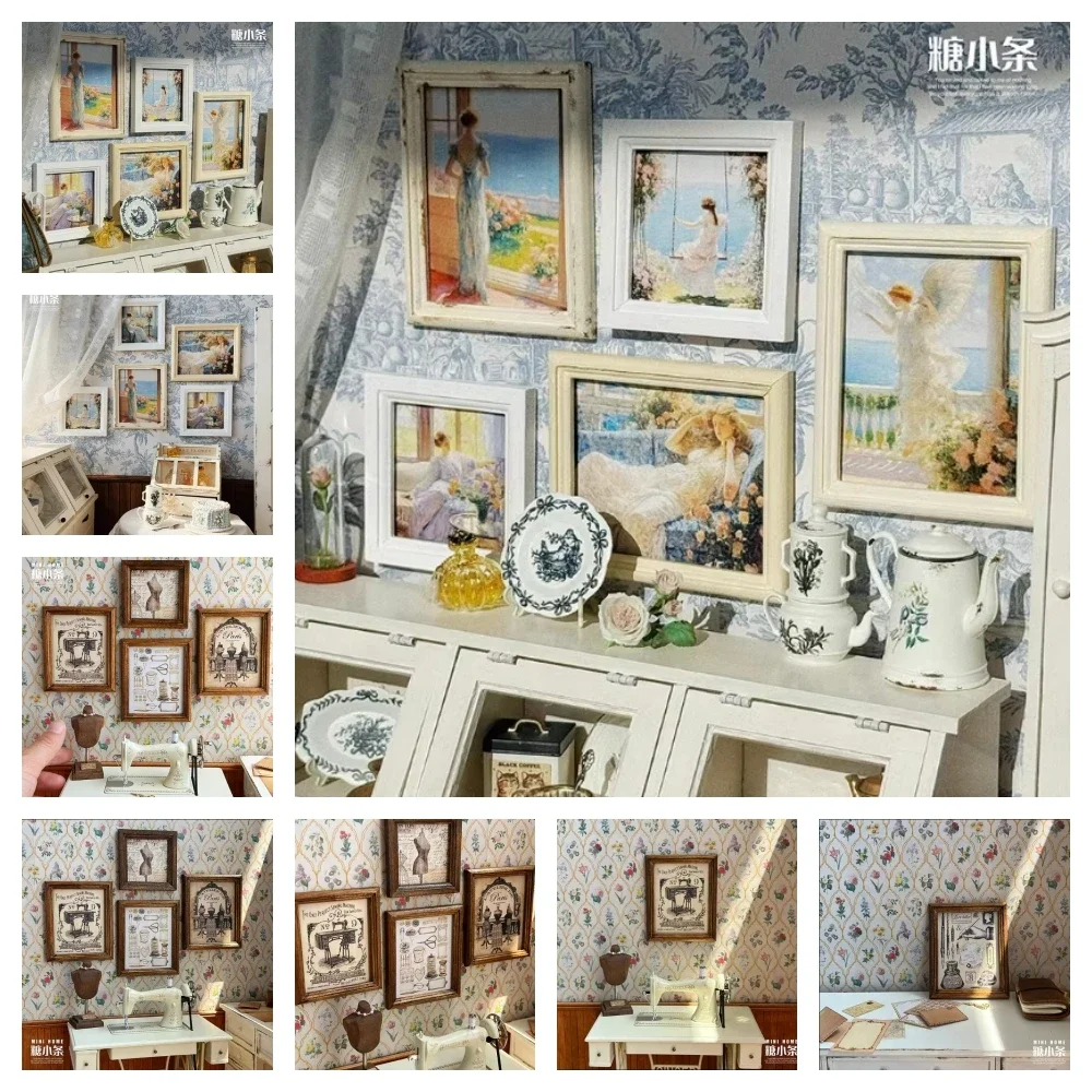 

6 Points Medieval Oil Painting Vintage Decorative Painting Miniature Frame Tailor Shop Picture Frame Bryce Dollhouse Accessories