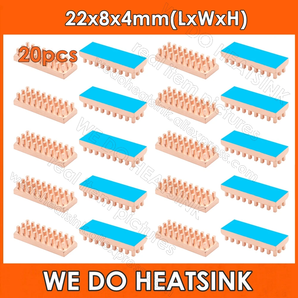 20pcs Free Shipping 22x8x4mm Pure Copper Pin Fins Rectangle Heatsink Radiator Cooler With Thermal Tape For Electronics IC CPU