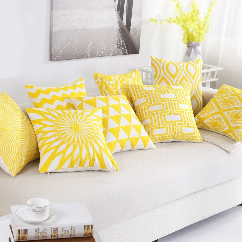 New 100% Cotton Woolen Embroidery Pillowcase Gray Yellow Geometric Modern Nordic Style Pillow Cover Cotton Sofa Bed Cushion Case