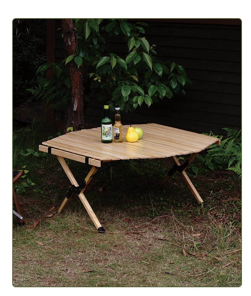 Beech Octagonal Egg Roll Table Outdoor Folding Table Chair Set Portable Camping Barbecue Solid Wood Folding Table