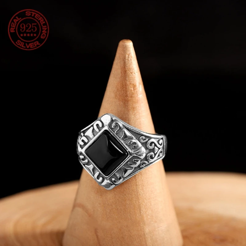 

S925 Sterling Silver Black Agate Ring for Men Women Pinky Signet Ring Geometric Adjustable Retro Punk Jewelry Exquisite Gift