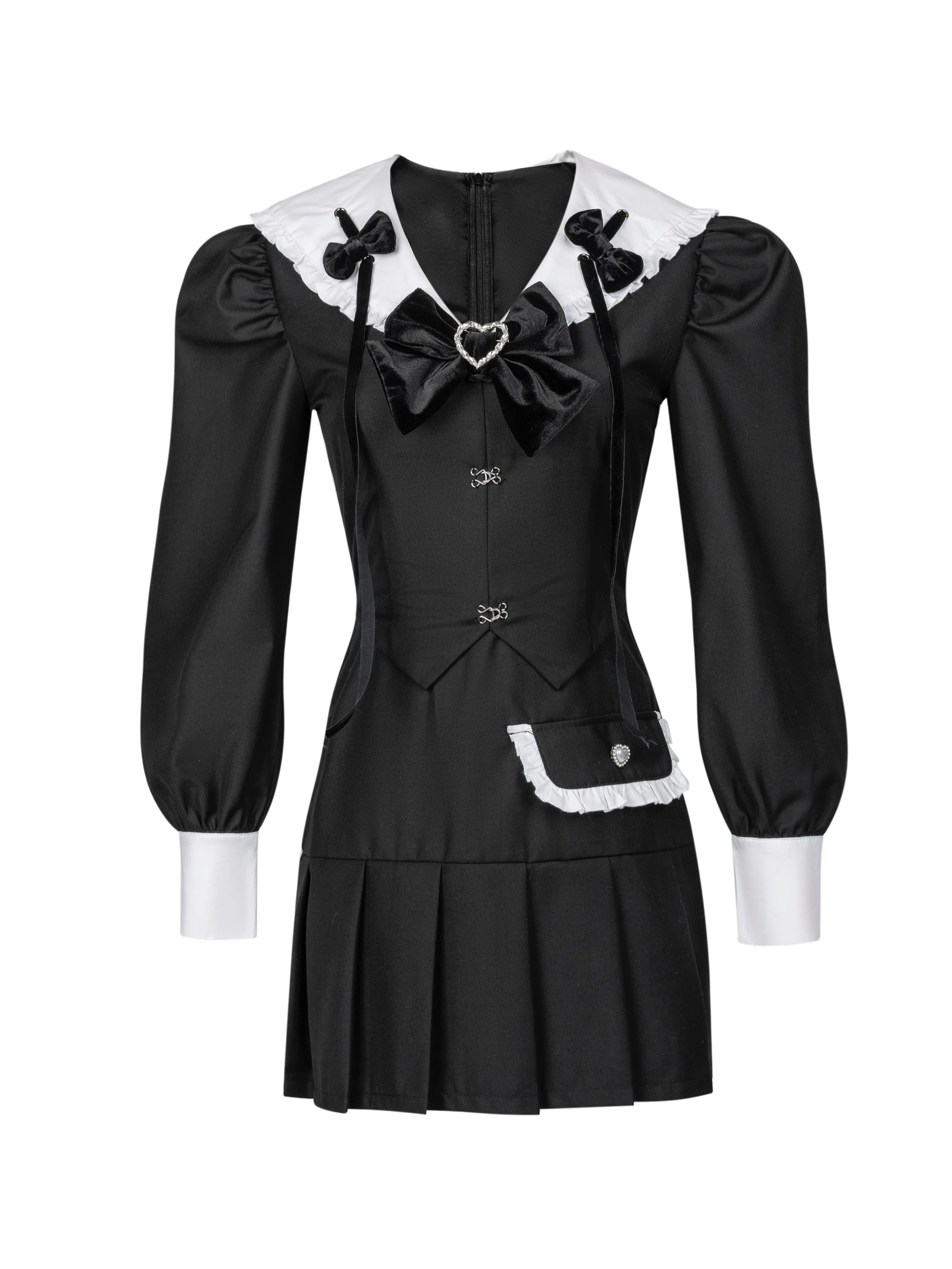 Japanese Sweet Preppy Style Sweet Cool Girl JK Dresses Navy Collar Bow Long Puff Sleeve High Waist Slim Short Dress Women Spring