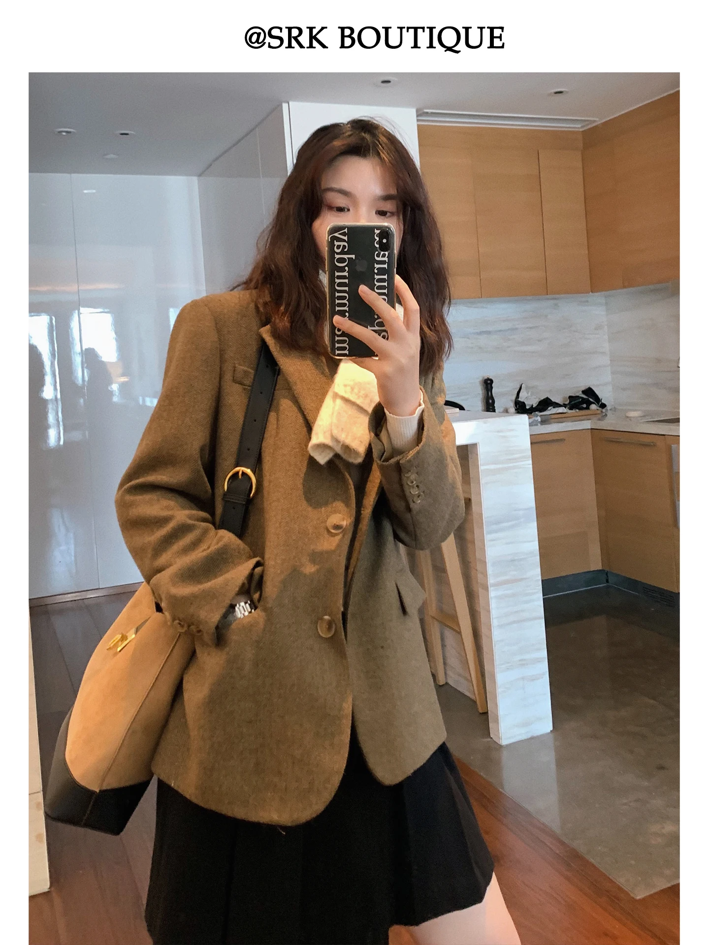 

SRK Brown Woolen Coat Women's Autumn Winter New Small Size High Sensation Plaid Suit French Sle Straight Cut Daily Wear