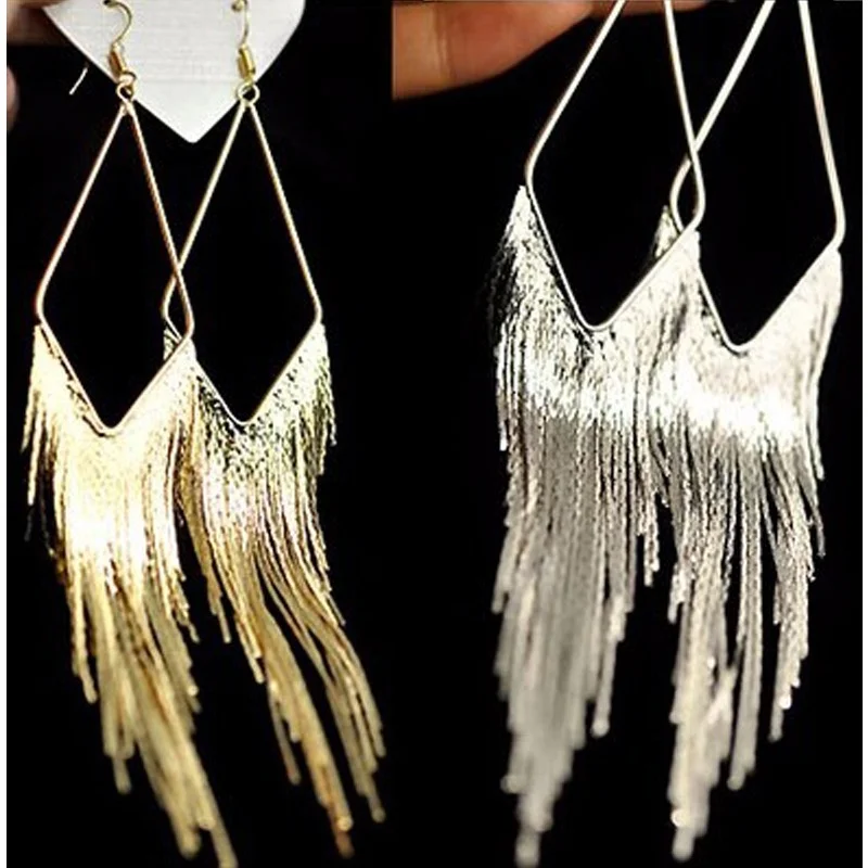 Gold Color Long Tassel Earrings Jewelry Vintage Metal Statement Fringe Earrings Charm Drop Dangle Big Earing for Women