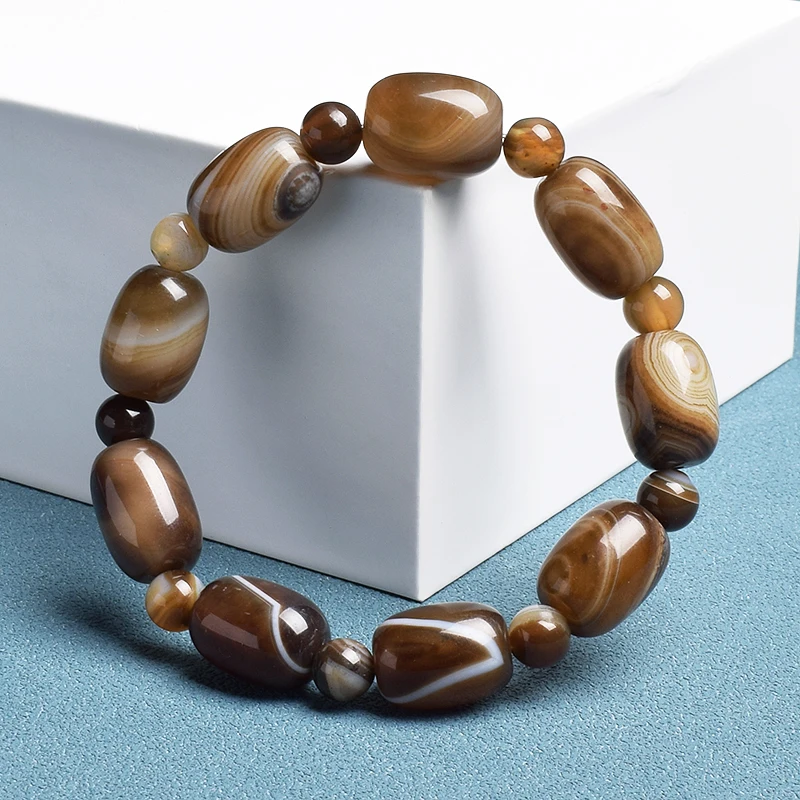 Natural Stone Coffee Lace Agates Bracelet Cylinder Drum Barrel Shape Jades Beads Bracelets On Hand Brown Exquisite Bangles Gift