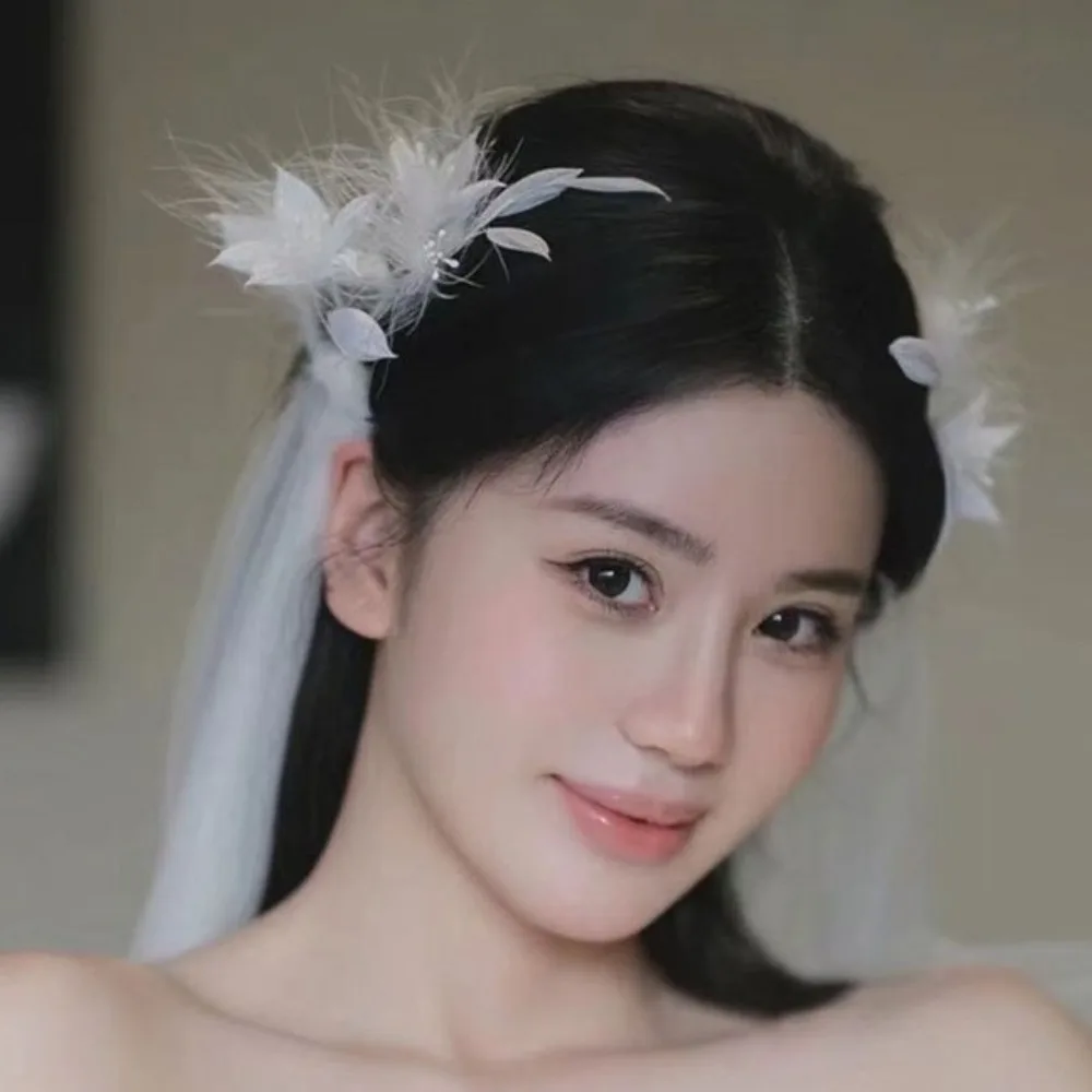 

White Flower Feather Hair Clip Fairy Exquisite Photography Headdress Korean Style Elegant Bride Wedding Hairpins Girl/Women