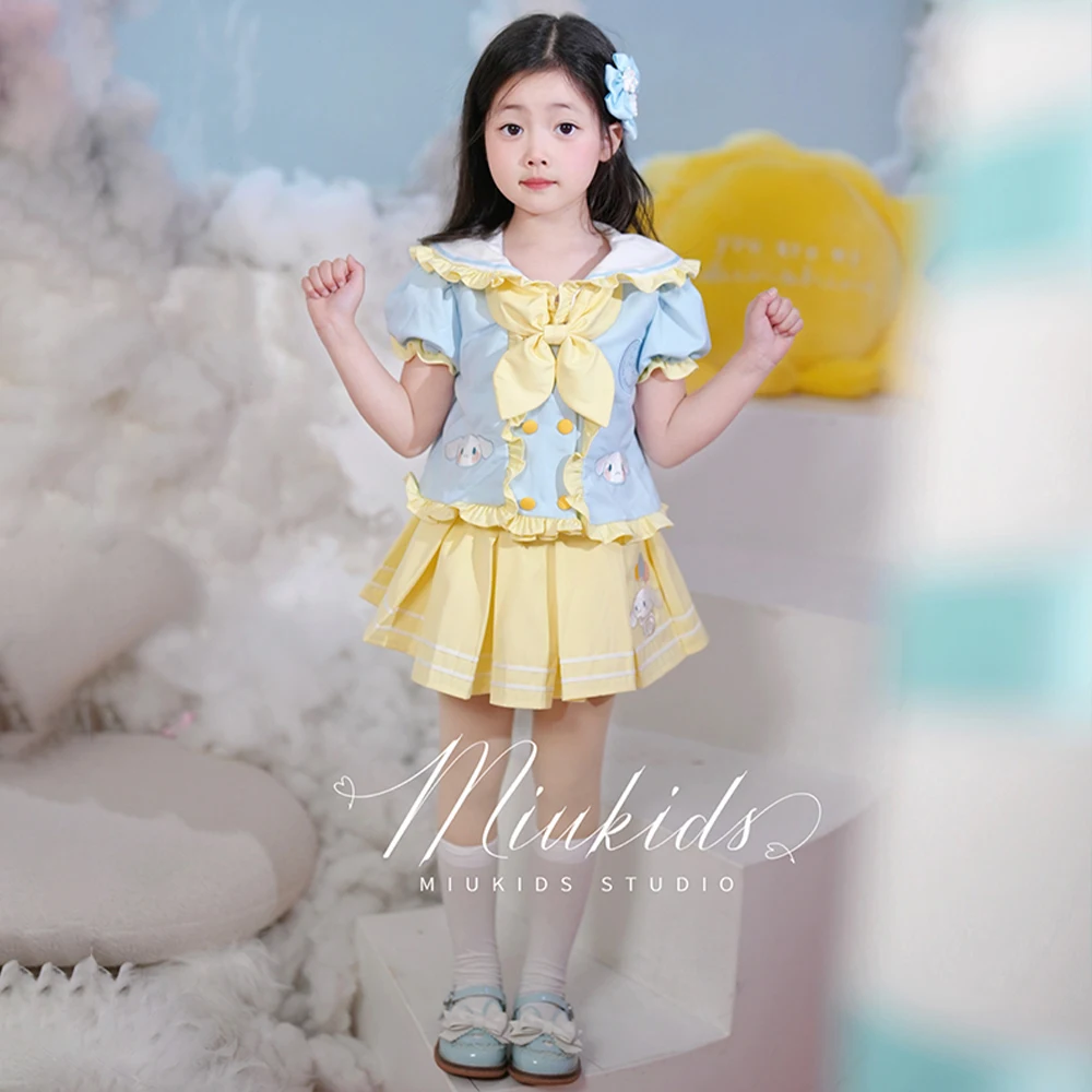 Kawaii Cinnamoroll Girl's Jk Pleated Skirt Set Anime Sanrios Y2K Doll Collar Short Sleeve Sailor Uniform Kuromi Kid Princess Set