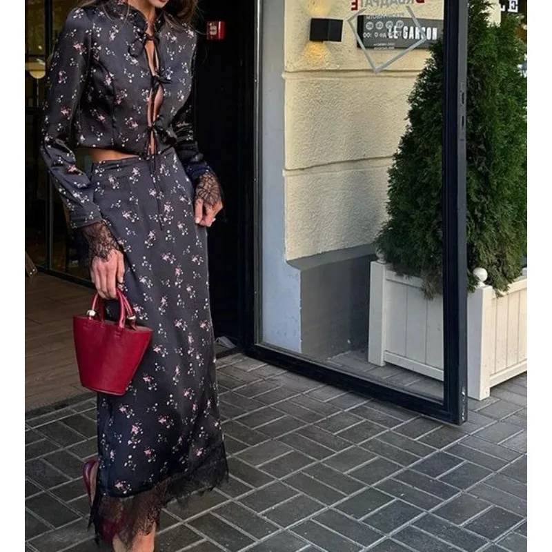 

2025 Sexy Hottie Pure Desire Style Fashion Printed Design Long-sleeve Top and Long Skirt Set