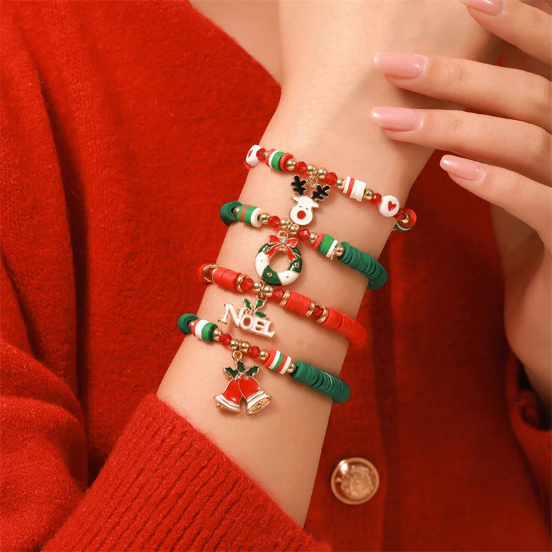 New Year Christmas Bracelet Set Cute Charms Festive Red and Green Hand String Letter Soft Ceramic Bracelet