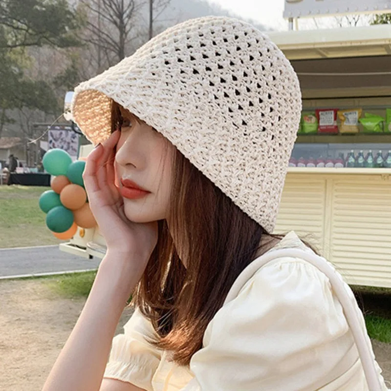 Summer Wide Brim Floppy Hats for Women Beach Panama Straw Beach Bucket Hats Fashion Folding Hollow Out Fisherman Sun Hat Cap