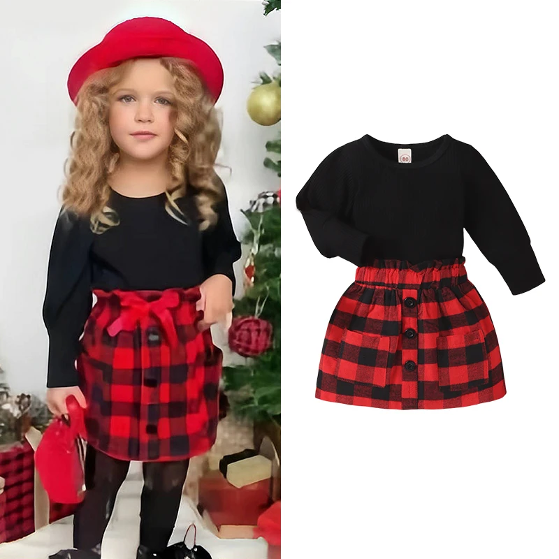 2-7 Years Auutumn Kids Girls Christmas Clothes Sets Long Sleeve Solid Tops Plaid Skirt Toddler Baby Girl Clothes Party Clothing