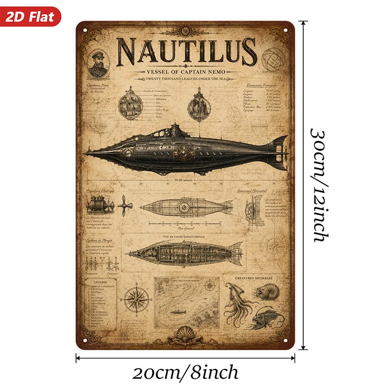 1pc Metal aluminum Sign Wall Art, Vintage Nautilus - The Submarine of Captain Nemo Home Decor, Steampunk Style