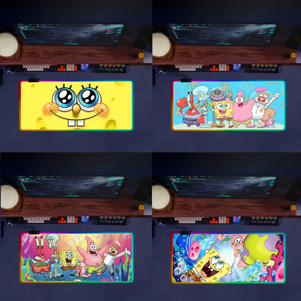 RGB Pc Gamer Keyboard Mouse Pad Mousepad LED Glowing Mouse Mats Rubber Gaming Computer S-SpongeBobs Mausepad