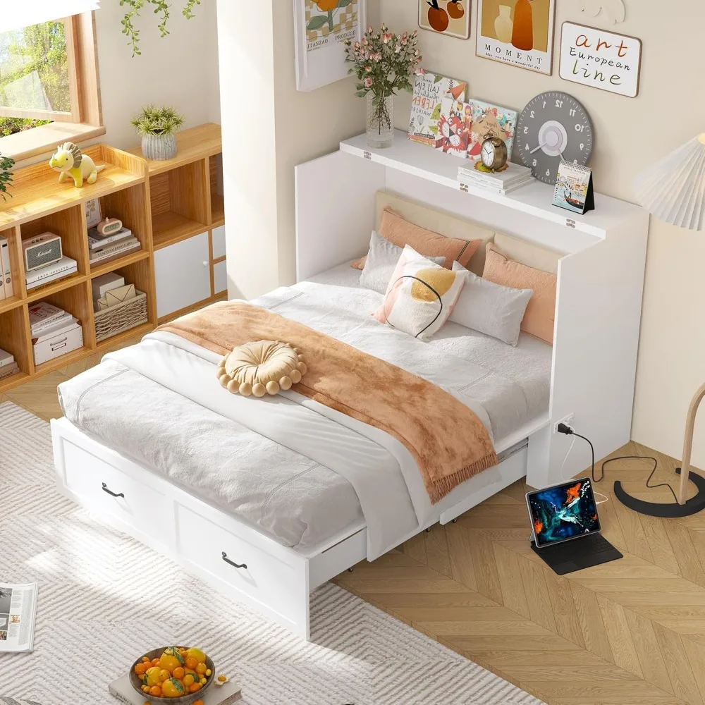 ECACAD Multi-Functional Murphy Cabinet Bed, Queen Size Bed Frame Murphy Bed Chest with Built-in Power Strip & Drawers, Queen Fol